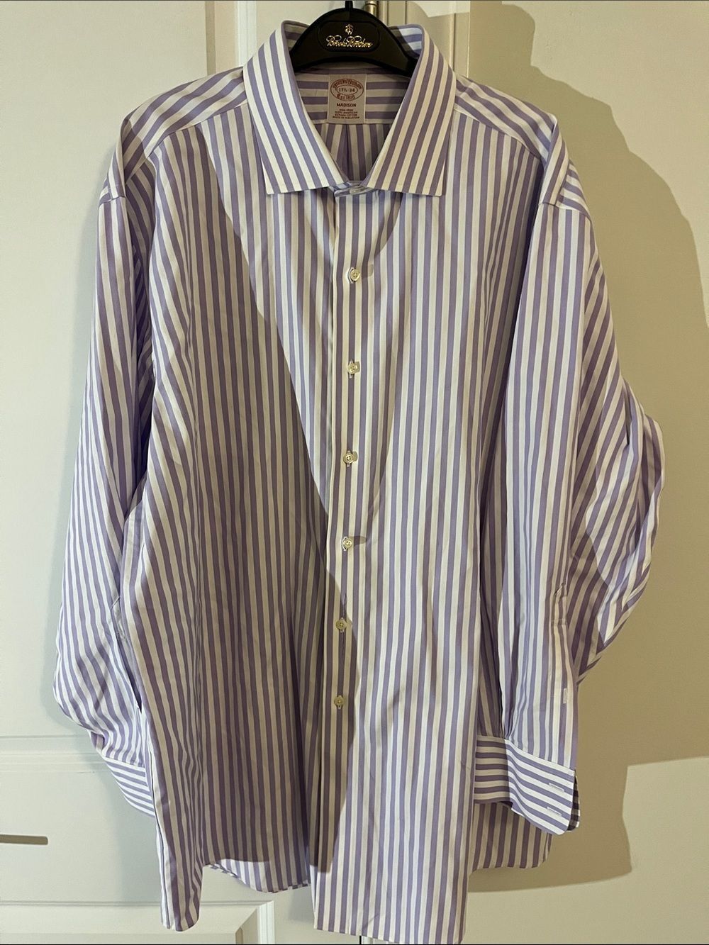 Purple stripe Brooks Brothers Big Man Madison LS dress shirt 17 1/2 x 34 “cut”